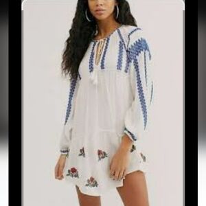 Embroidered White and Blue Boho Dress